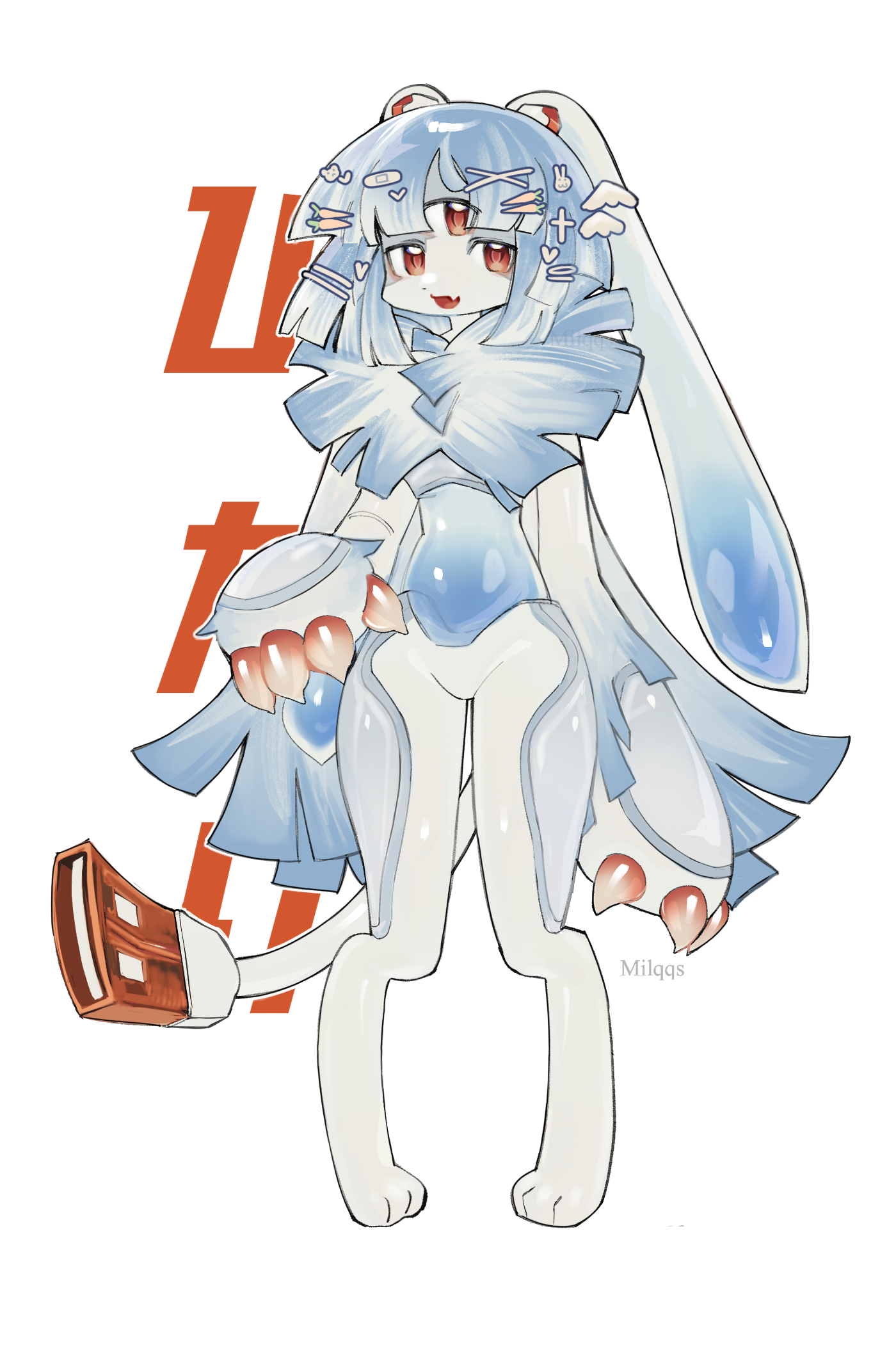 a cartoon drawing of a white and blue creature with red claws and red eyes. it appears to be wearing a white jumpsuit. the creature has a tail that looks like a brick. the image is set against a white background with orange text that is mostly cut off. the signature "milqqs" is near the bottom of the image.