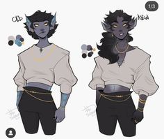 a “before and after” digital drawing of a merman character redesign.  on the left is the old design and on the right is the new design.  the merman has dark gray skin, blue eyes, and black hair.  he is wearing a white cropped shirt with puffy sleeves, a gold chain belt with gold coins, and black pants.  he is also wearing gold bracelets on each wrist and a gold chain necklace with a gold coin pendant.   the background is white.