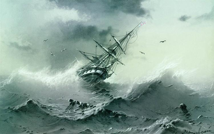the image is a dramatic 19thcentury painting of a ship being tossed violently in a stormy sea. the ship is shown almost vertically, caught on the crest of a huge wave. dark, heavy clouds fill the sky, and the water is a churning mass of whitecaps. in the foreground, small figures struggle in the water, presumably the ship's crew fighting for survival. the overall tone of the image is one of chaos, danger, and the awesome power of nature.