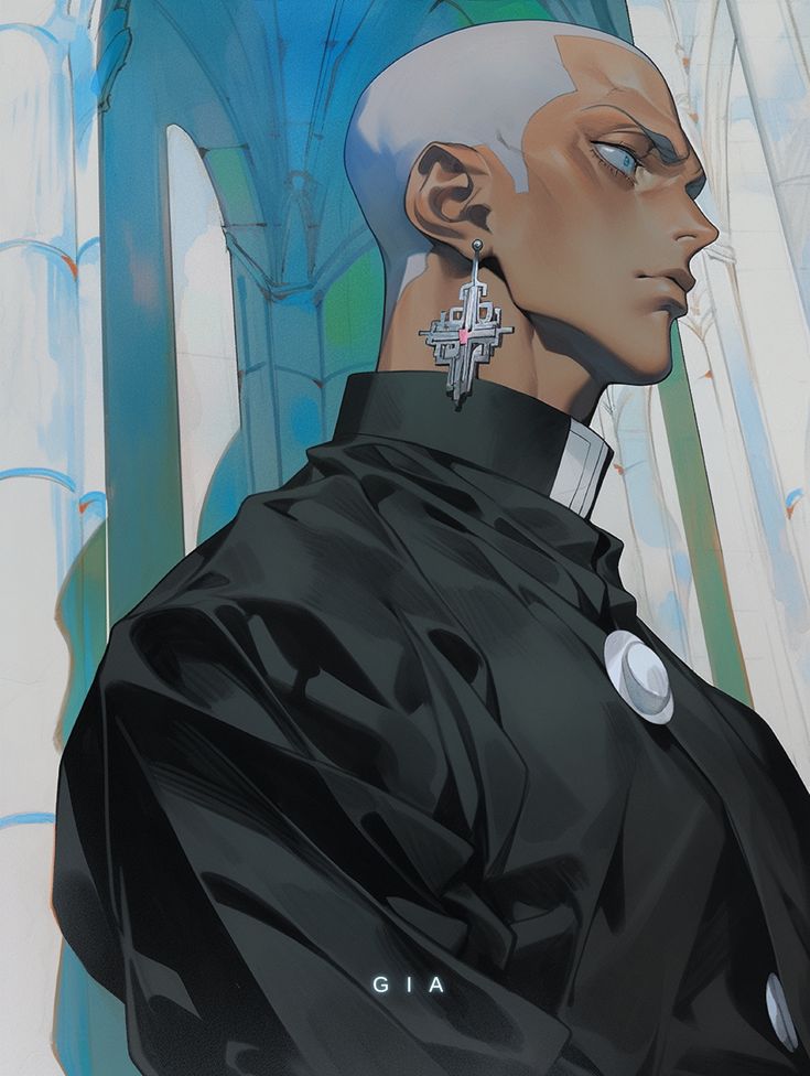 a digital illustration of a bald man with a cross earring, wearing black clothing. he is standing in front of a white wall with blue columns behind him. he is looking away from the viewer. the image is in a gothic style and has a somber tone.