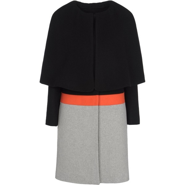 an image of a black and gray coat with an orange stripe. the coat has a capelike upper part that is black and extends to the middle of the sleeves. below the black section, there is an orange stripe that separates the black top from the gray lower portion of the coat. the coat is divided into two vertical halves that meet in the middle.
