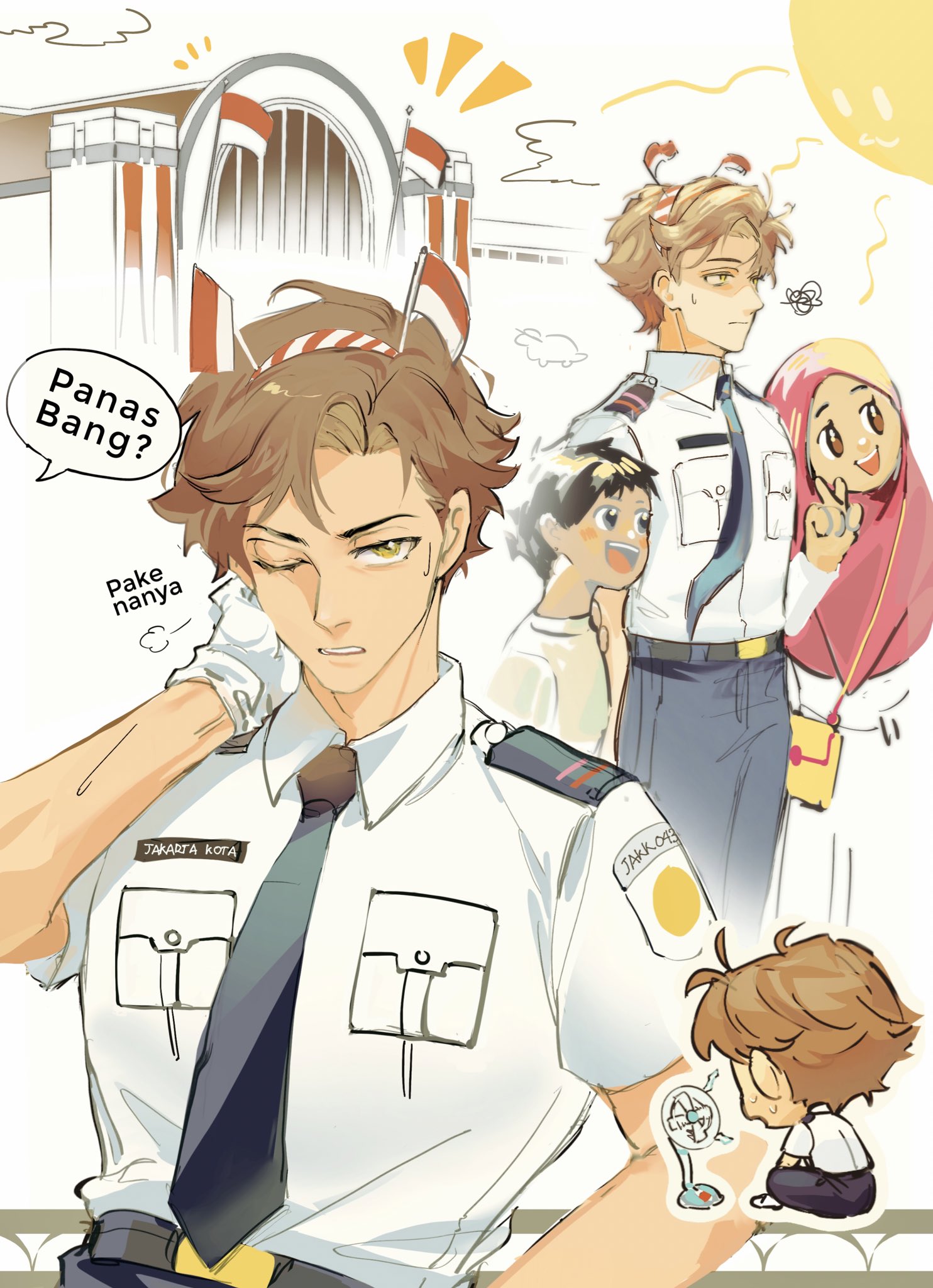 this is an illustration of four friends in anime style. it shows a boy with short brown hair wearing a white uniform and a blue tie, standing in front of a building with a red and white flag and a boy with short brown hair with a blue shirt and a girl with long brown hair with a red and white dress, and a girl wearing a hijab with a red and white dress. they all have big eyes, and they're smiling and enjoying each other's company. the boy wearing a white uniform has a speech bubble over his head, which is saying "hot, right? just wear this." this suggests they are enjoying their time together and they are happy and content. the image is set in the summer and it features a hot day. the boy wearing the uniform has a fan in the background, which might be a reference to him trying to cool down in the summer heat. the image is beautifully drawn and it conveys a feeling of joy and friendship.  the illustration style is vibrant and colorful, and it captures the personalities of the characters perfectly.