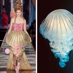 the image shows a fashion model on a runway wearing a pink and white dress with a jellyfish design. the dress is made of a sheer fabric with a ruffled hem, and the jellyfish is made of a translucent material. the model is holding a pink purse.  on the right side of the image, a real jellyfish is shown in the water.  the jellyfish is blue and white with long tentacles. the jellyfish has a white bell, and the tentacles are long and thin. the jellyfish is swimming in the water with its tentacles trailing behind it. the image is a metaphor for the beauty and fragility of nature. the fashion model's dress is a reminder that nature is a source of inspiration for designers, and the jellyfish is a reminder that the ocean is a beautiful and mysterious place.