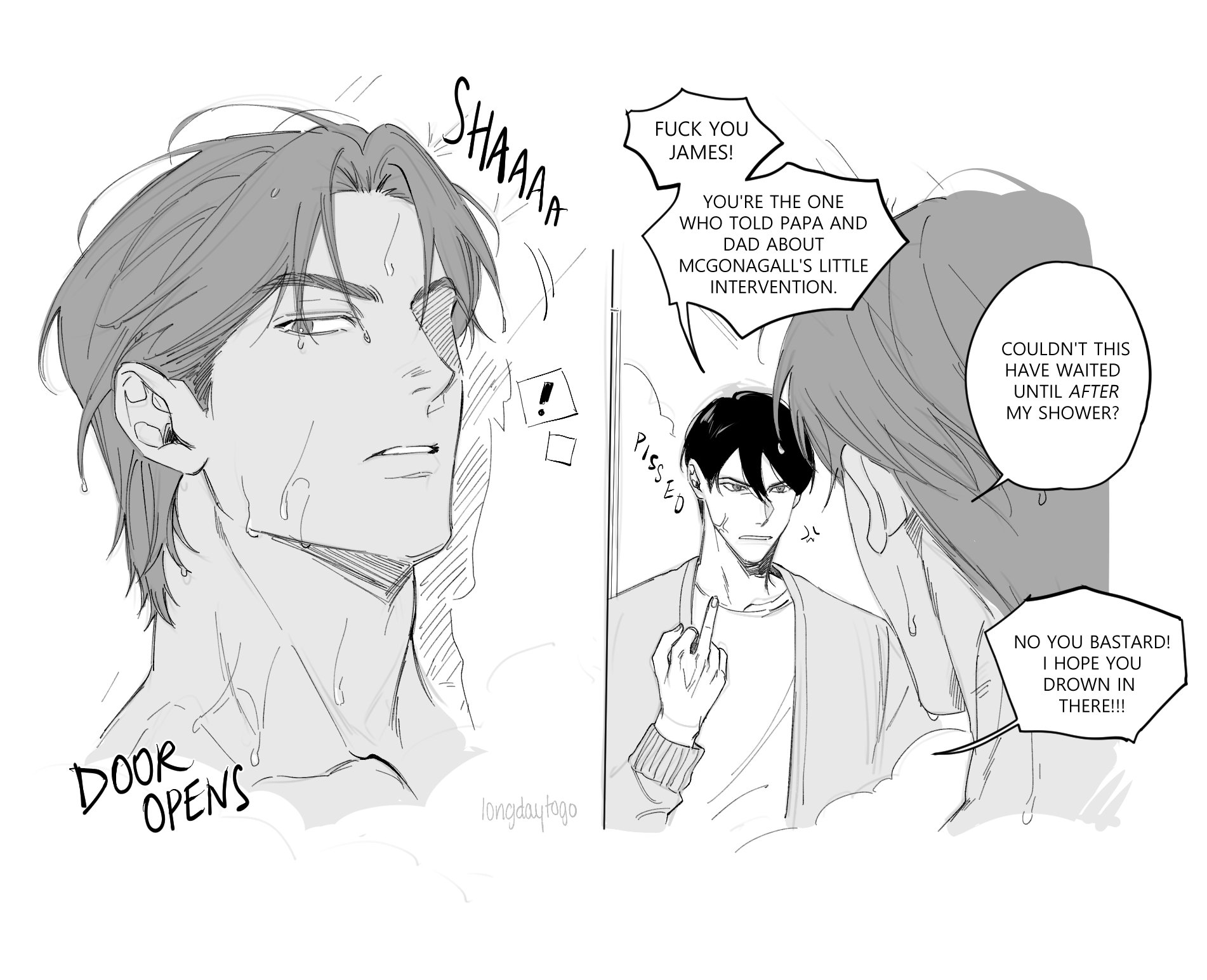 the image is a black and white comic strip or manga panel depicting a scene between two men in a bathroom.  one man, who appears to be just finished showering, is visibly upset and annoyed. the other man is standing in the doorway and appears to have interrupted him.  speech bubbles containing dialogue reveal a tense argument, with accusations and insults being exchanged. the art style is expressive, using linework and shading to convey emotion. the overall mood is one of conflict and frustrated intimacy.