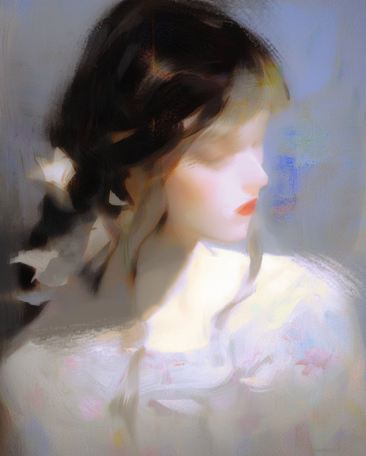 this is a watercolor painting of a woman's portrait. the woman is looking down and her head is tilted slightly to the side. her hair is long and black, and it is pulled back from her face. she is wearing a white dress with a delicate pattern. the painting is soft and dreamy, and it is filled with light and color. the woman's eyes are closed, and her lips are slightly parted. the painting is both beautiful and mysterious. the woman's expression is serene, and her eyes suggest that she is lost in thought. the painting captures the essence of a woman who is both strong and delicate.