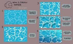 this image is a stepbystep drawing tutorial on how to draw water. the tutorial includes five steps, each with a description and an illustration. the first step involves drawing random shapes with a pencil, the second step involves adding lines to make the shapes look like waves, and the third step involves adding more lines and curves to the shapes. the fourth step involves adding more details to the shapes, and the fifth step involves adding the final touches, such as shading.