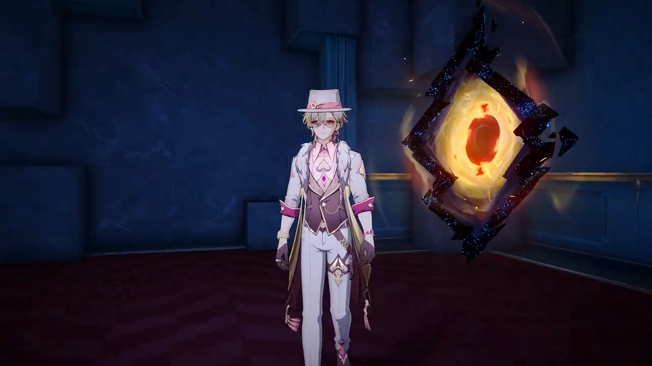 a video game screenshot from the popular game genshin impact, featuring the popular character scaramouche, a member of the fatui harbingers. scaramouche is standing in a room with a dark blue carpet, dark blue walls and white trim on the walls. scaramouche is wearing his signature white suit with gold accents and black gloves. he has a black hat on his head and is holding his signature sword. a large glowing purple and orange energy effect is in the background.
