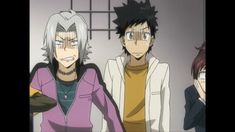 a screenshot from an anime or manga series, featuring two main male characters in the foreground expressing a mix of amusement and exasperation. a third character with brown hair is partially visible in the background, reacting with surprise or shock. the scene is brightly lit and set in an indoor location, possibly a school or home. the art style is characteristic of japanese animation.