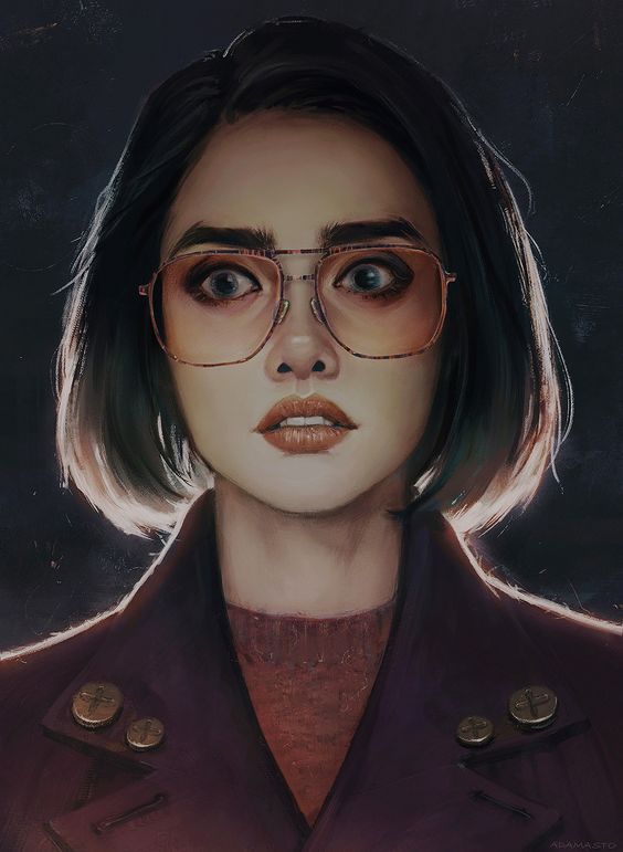 a young woman with short dark hair, wearing large 70's style tinted glasses and a purplish jacket is pictured against a dark background. she has a fearful and surprised expression, with wide eyes and parted lips.  the lighting is dramatic, illuminating her face from below.