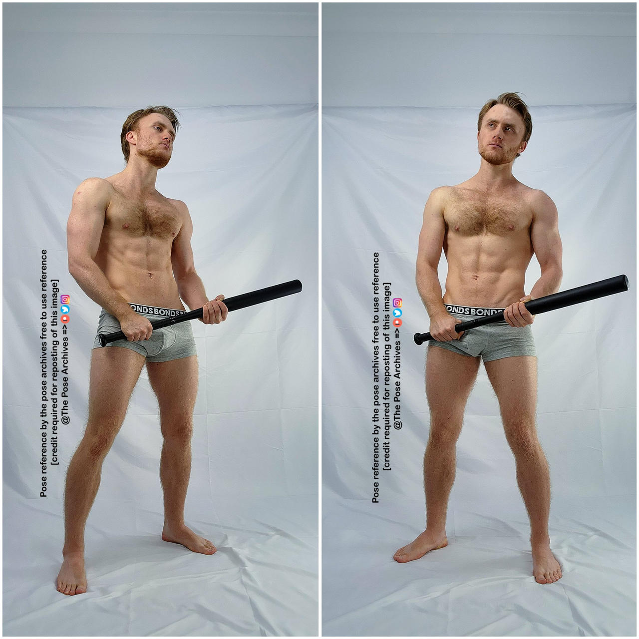 a young, muscular, and shirtless man stands against a white background holding a black bat. he is wearing grey underwear and is looking up and slightly to the right of the camera. the image is a side by side of the same pose, with the only difference being a slight change in the man's facial expression.