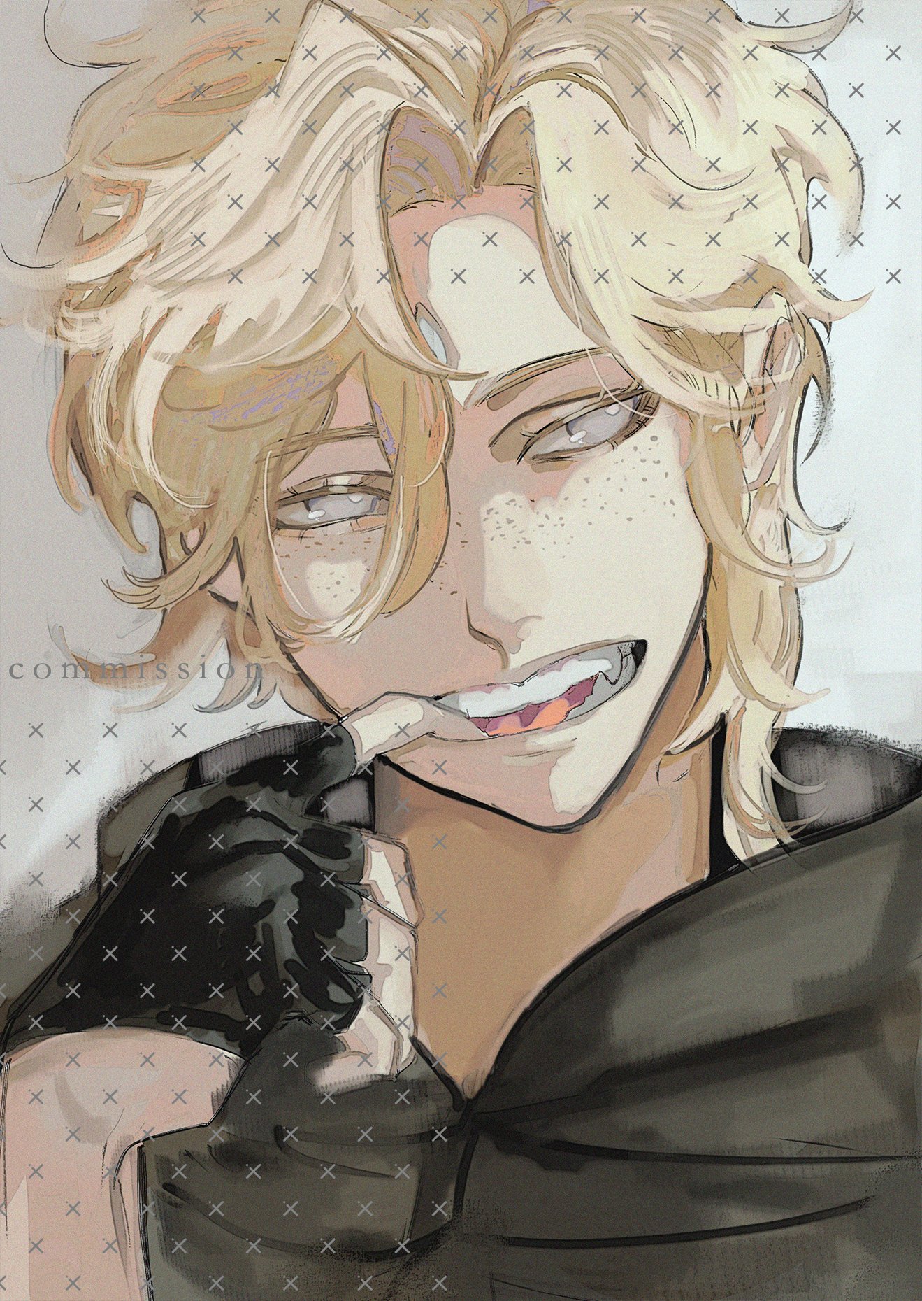 a closeup portrait of a male anime character with blonde hair and blue eyes, wearing a black jacket and gloves. he's smiling and looking towards the viewer. the background is a white grid pattern with black x's.
