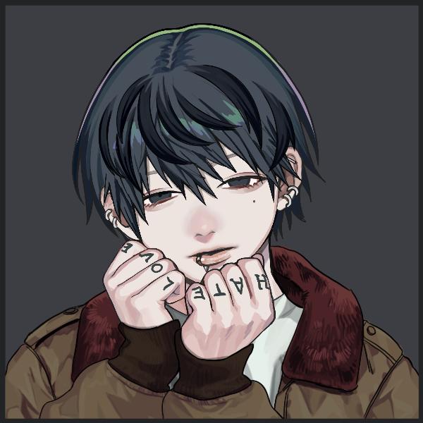 a close up portrait of an anime styled male character with black hair and blue eyes. he is wearing a jacket and has tattoos on his fingers that read "love" and "hate". he has a serious expression on his face and is looking directly at the viewer. the image is dark and has an emo, cool and edgy feel.