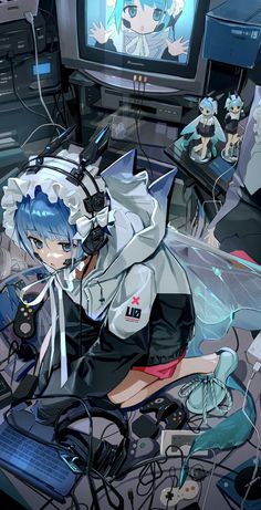 the image depicts an anime girl deeply engrossed in gaming within a cluttered room. her vibrant blue hair peeks out from beneath a white hoodie adorned with techwear elements. large headphones encircle her head, further immersing her in the digital world. she sits amidst a chaotic mess of wires, gaming peripherals, and electronic devices. a retro television flickers in the background, adding to the nostalgic ambiance of the scene. the room is bathed in the cool glow of artificial light, highlighting the girl's focused expression and the intricate details of her surroundings.