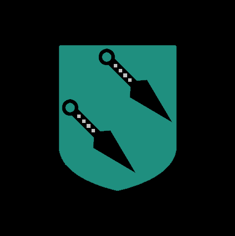the image is a graphic design featuring a tealcolored shield shape. on the shield are two black shurikens, traditional japanese throwing stars, arranged diagonally.  the shurikens have a white checkered pattern near the handles. the overall style is simple and geometric.