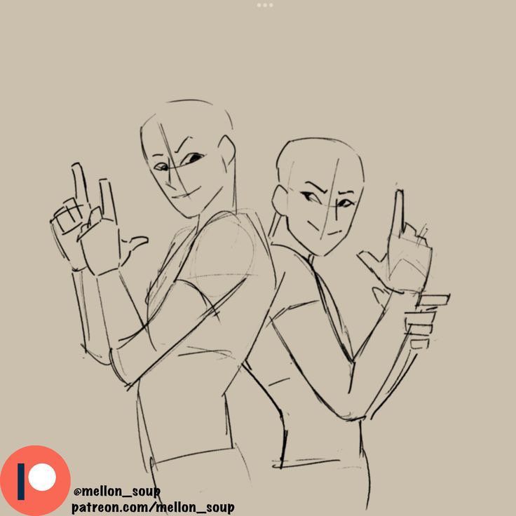 a sketch of two anime/manga characters standing back to back pointing guns. they are both drawn in a simple, but stylized manner, with a focus on their poses and expressions. the overall image is light and playful, suggesting a friendly rivalry or playful interaction between the two characters.
