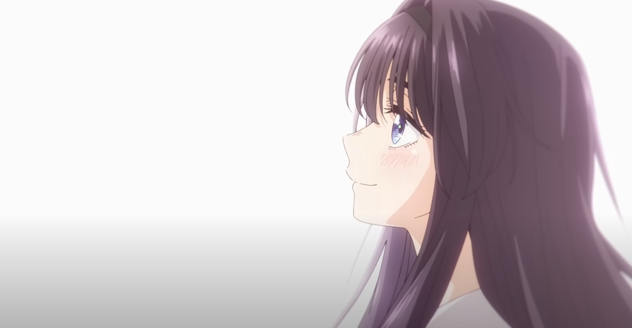he image shows a closeup profile view of an anime girl with long, purple hair and bright blue eyes. she is blushing and smiling gently, giving off a happy and dreamy vibe.  the background is soft and light, almost white, enhancing the focus on the girl's expression and delicate features. the art style is typical of modern anime, with smooth lines and soft shading.  she appears to be looking off into the distance, lost in thought.