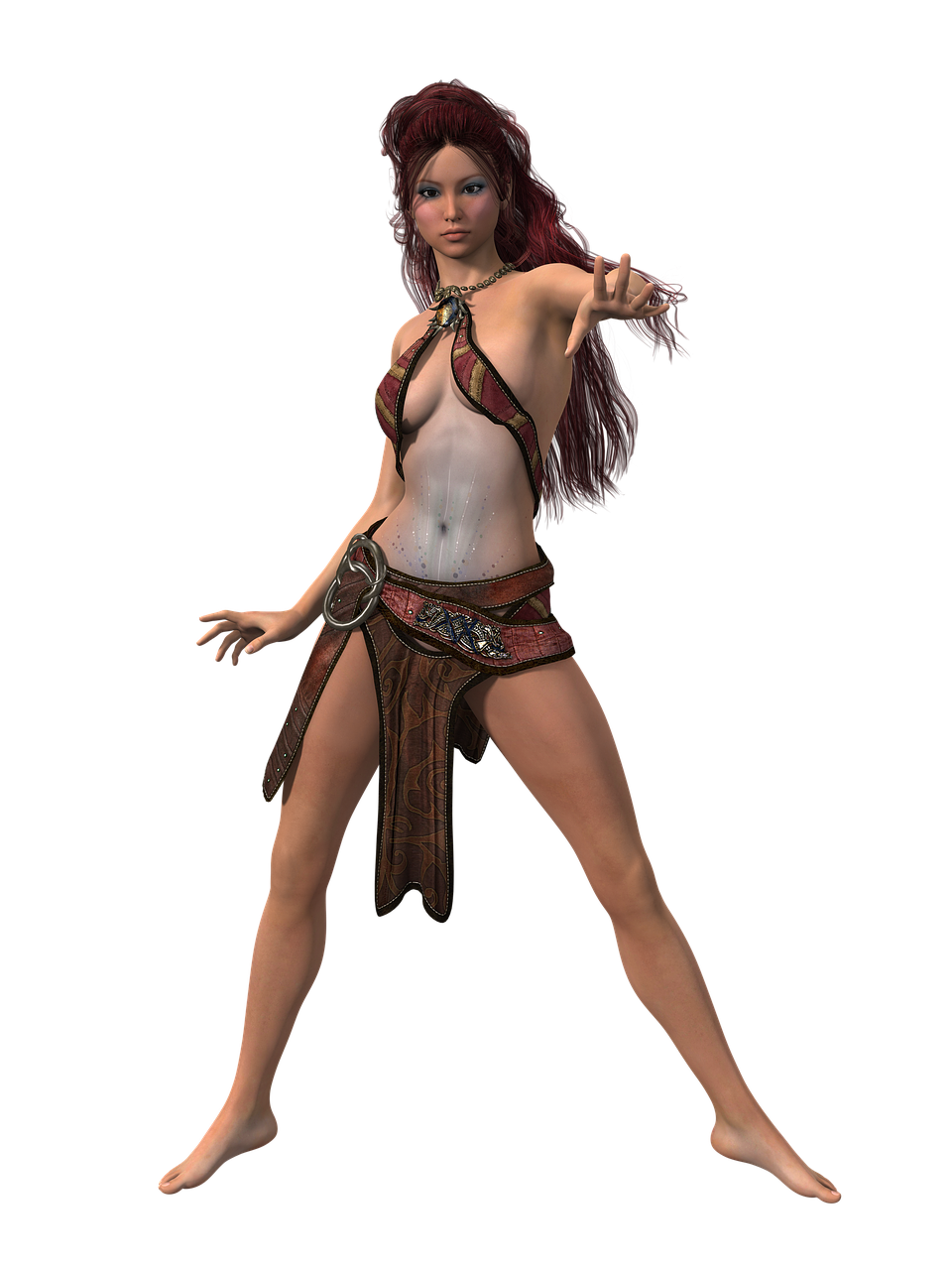 a digital art image shows a woman in a fantasy costume against a black background. she stands with her legs spread and her arms outstretched, in a pose that suggests casting a spell or performing some other action. she has long auburn hair and is wearing a revealing costume consisting of a halter top and a short skirt with a decorative belt. the woman is barefoot.