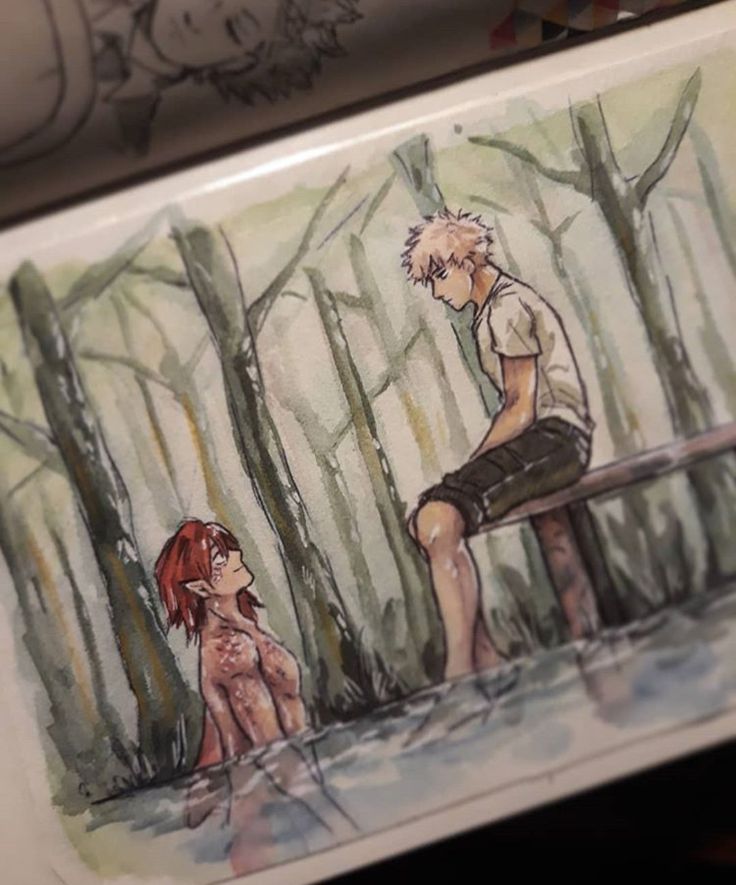 the image is a watercolor painting or illustration, likely fanart given the style, depicting two male characters in a serene forest setting. one character, with spiky blonde hair, sits on a wooden bench beside a body of water. the other character, with reddishbrown hair and what appears to be scales on their torso, is partially submerged in the water, looking up at the seated figure. the style suggests a manga or anime influence. the overall mood is calm and emotional, with a hint of fantasy given the mermanlike appearance of one character. the artwork is displayed within a sketchbook or art journal.