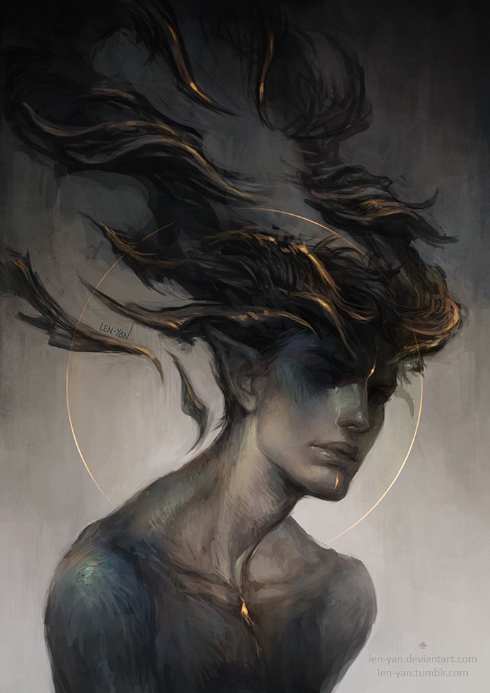 a digital painting depicts a stylized elf character portrait with dark hair accented with gold strands, surrounded by a golden halo. the elf has pale skin, pointed ears, and a melancholic expression. the artwork is moody, ethereal, and conveys a sense of dark fantasy. the artist's signature, "lenyan," is visible.