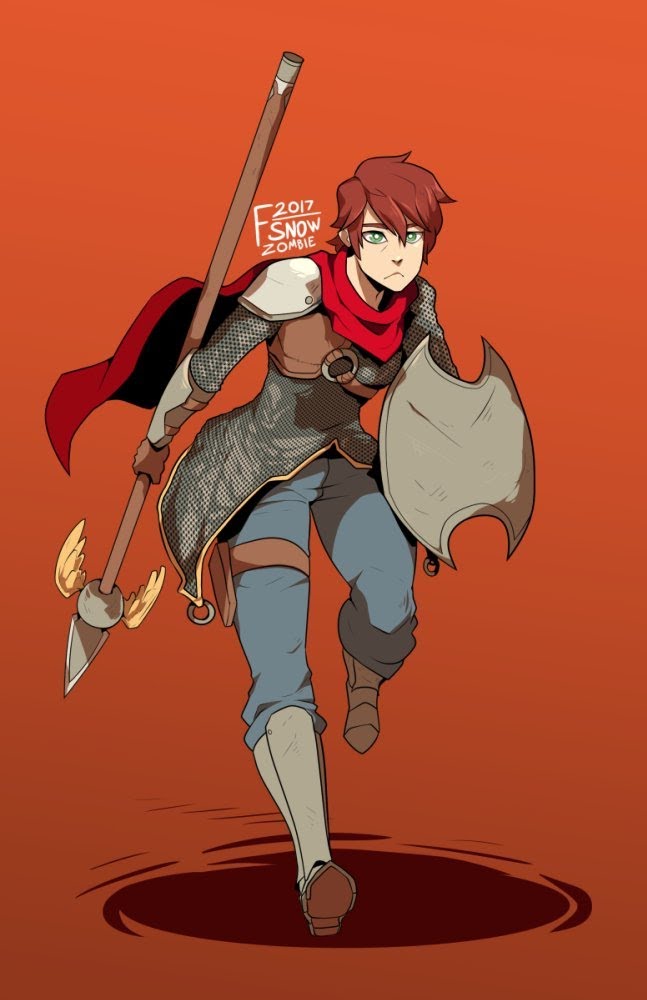 a digital illustration of a woman with red hair wearing armor, holding a spear and a shield, is running forward. she is wearing a red cape. the background is orange.  this is a fantasystyle illustration.