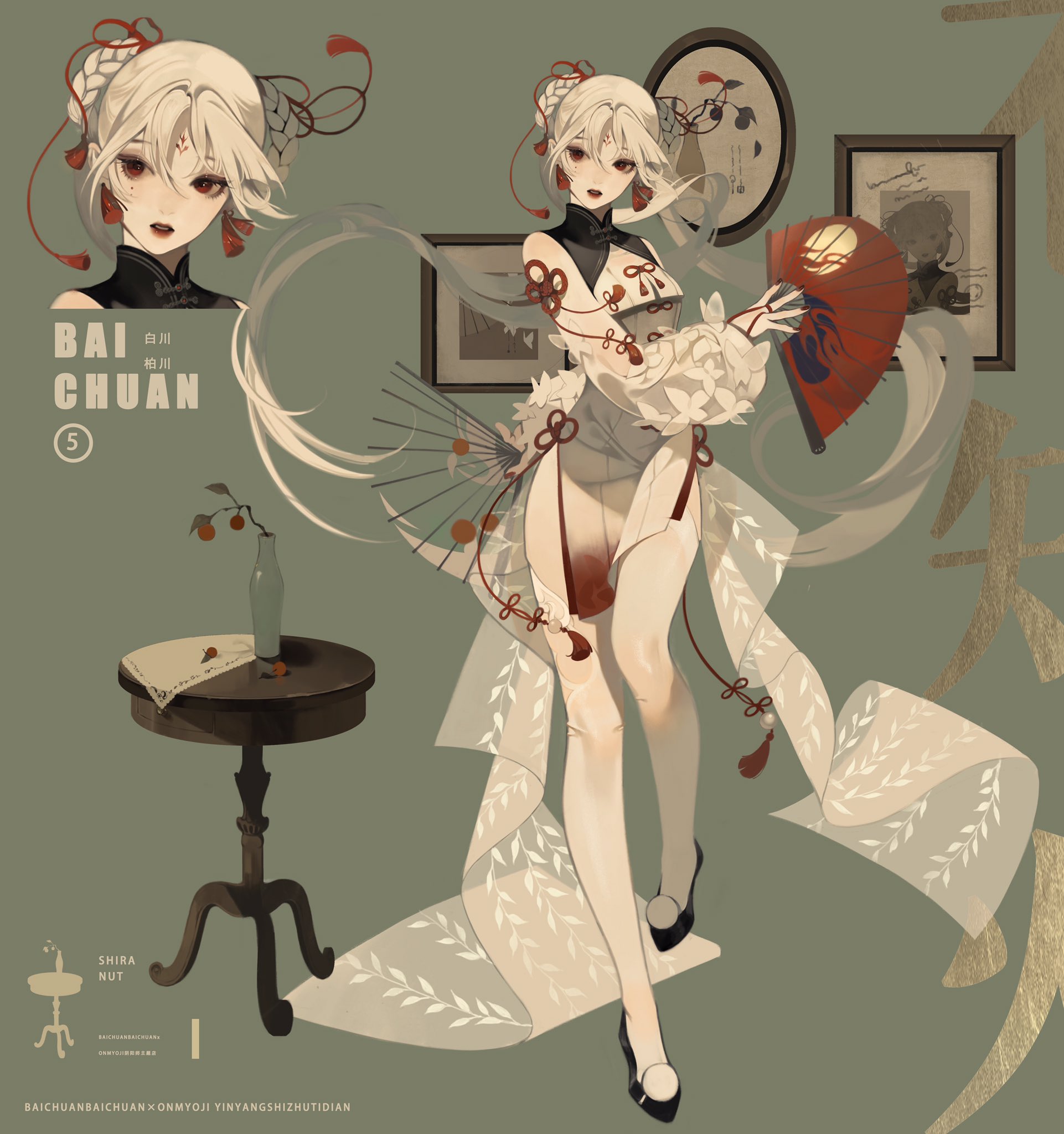 the illustration features a beautiful, whitehaired anime girl in a traditional chinese dress. the girl is dressed in a flowing white dress with red details and has a white fan in her hand. she is standing on a green background with floral patterns. she is very graceful and elegant, with her hair flowing down her back, and she has a beautiful face. the illustration is very welldrawn, with a lot of detail in the clothes, hair, and face of the girl.
