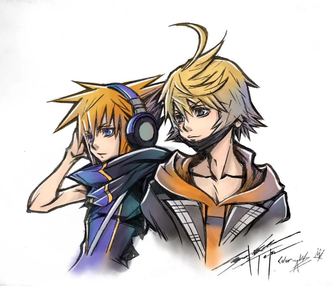 the image features a stylized drawing of two young men, likely animeinspired. they are depicted in a closeup, front view perspective, emphasizing their facial features and upper bodies. the character on the left sports headphones and a bluethemed outfit, while the one on the right has blond hair and an orange and gray ensemble. the style is reminiscent of character design sheets or fan art, with clean lines and soft lighting.