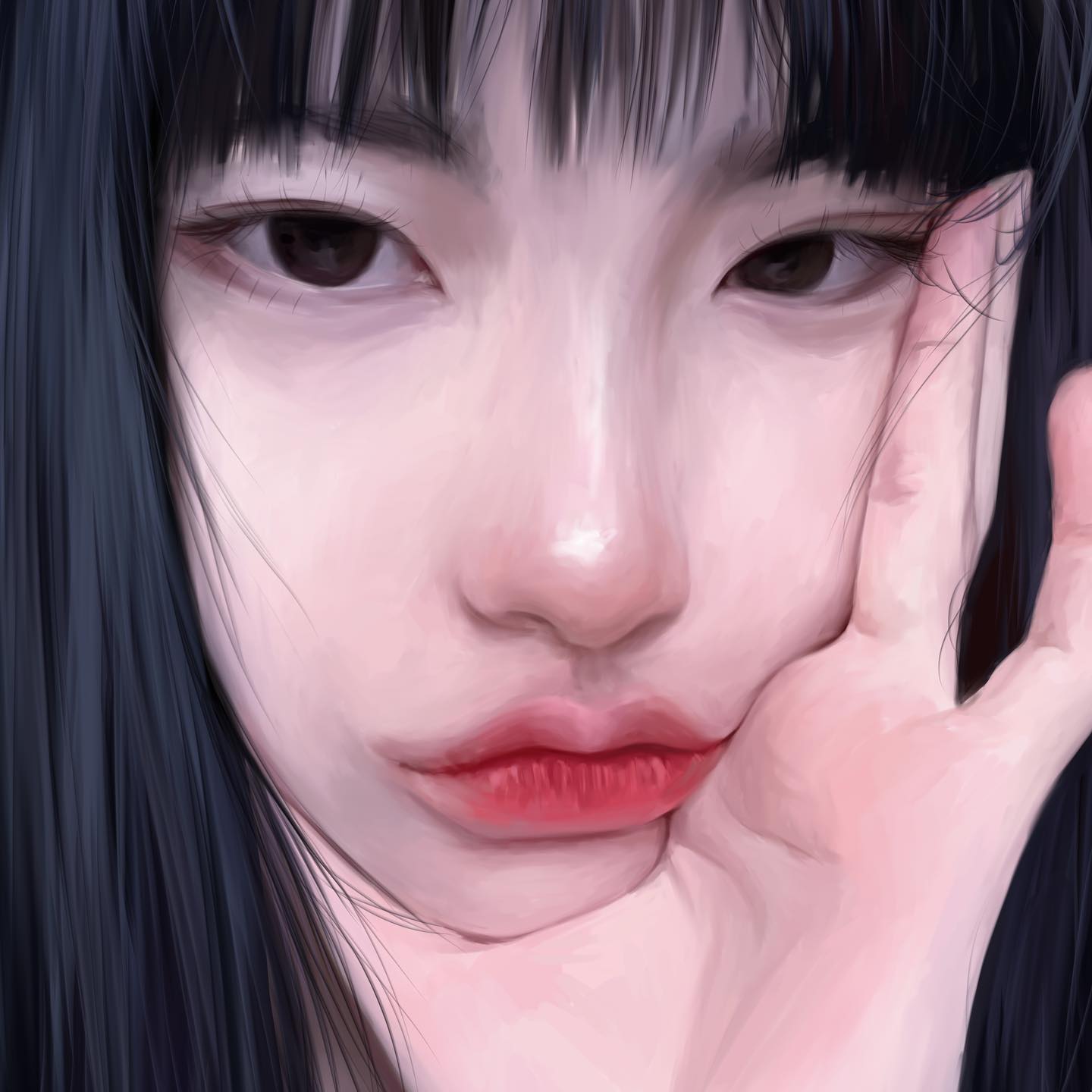 the image is a digital painting or illustration of a young woman's face and hand. the style is reminiscent of anime or manga, with large, expressive eyes and soft features. her skin is depicted as smooth and pale with a subtle rosy blush. the woman has long, straight black hair with bangs that partially obscure her forehead.  her expression is gentle and perhaps slightly melancholic or pensive.  one hand rests softly against her chin. the overall mood is serene and aesthetically pleasing. the artist has used soft lighting and shading to create a sense of depth and realism.