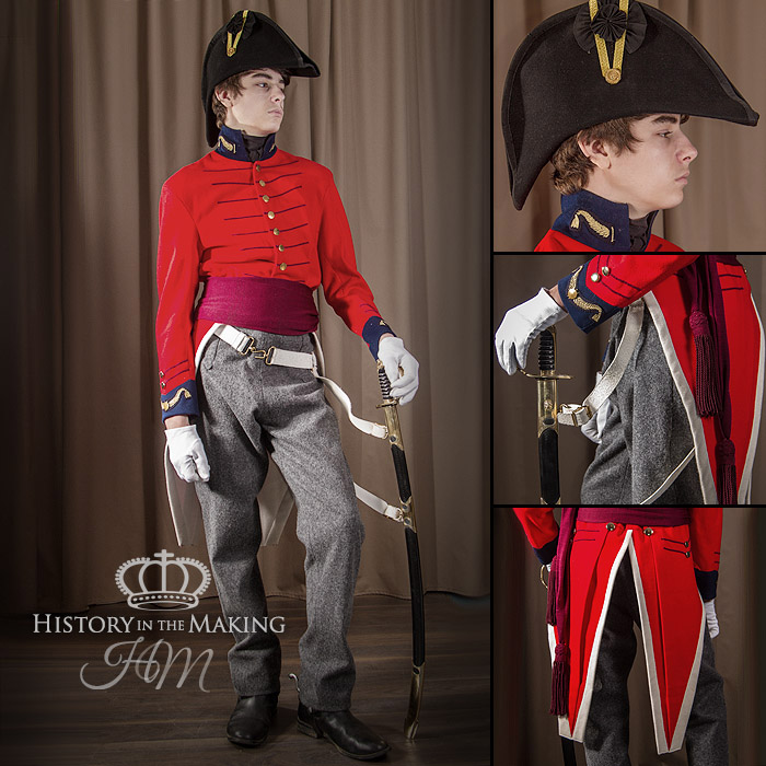 a young man wearing a british military uniform from the 1800s poses with a sword. he is wearing a red coat, grey pants, white gloves and a black hat. the uniform is complete with a decorative sash and white trim on the red coat. he is posing with the sword held in his right hand at waist level.  the photo shows the uniform from multiple angles.