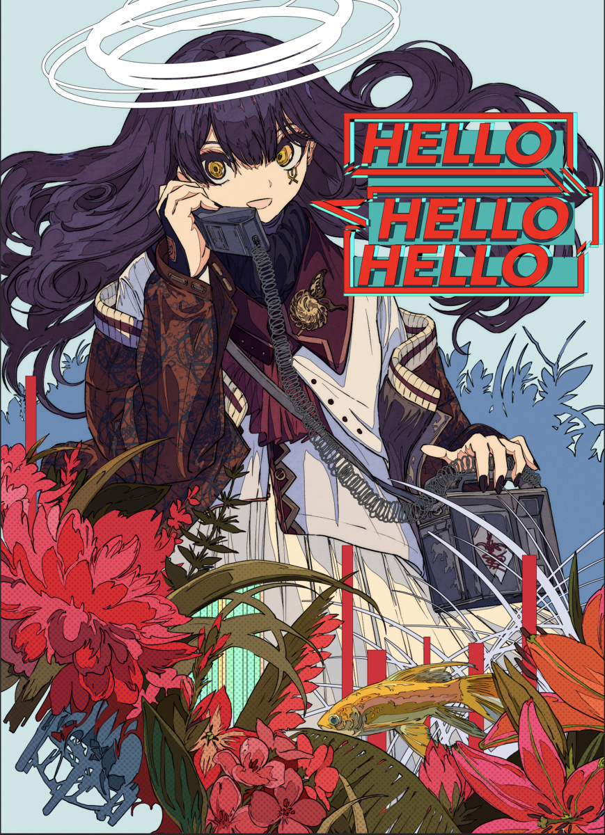the image is a vibrant, stylized digital illustration or artwork featuring a young animestyle girl with long, dark purple hair. she's holding a vintagestyle telephone to her ear, dressed in a blend of modern and retro clothing; a dark jacket over a lighter, almost dresslike garment. her attire includes noticeable accessories.  the background is lush and features tropical flowers in shades of red and pink, interspersed with green foliage and goldfish swimming in a waterlike area.  a prominent stylistic element is the repeated word "hello" in a retroinspired font, adding to the overall vibrant and slightly surreal tone. the girl also has a white halo above her head. the artwork combines elements of anime/manga aesthetics with a surreal, almost dreamlike, quality, enhanced by the color palette and the inclusion of the fish and tropical flora.