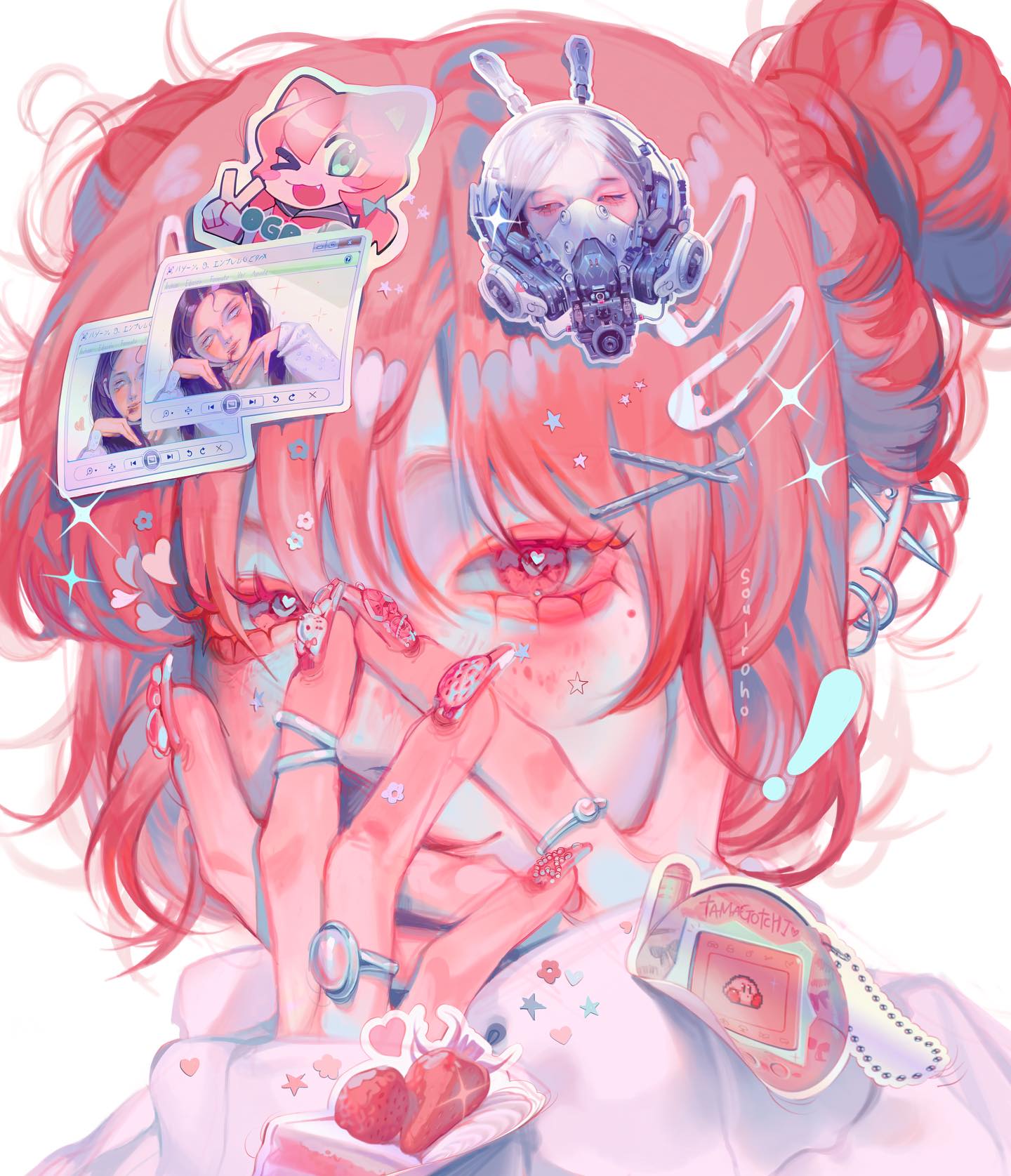 the image is a digital illustration of a young anime girl with bright pink hair styled in two buns.  her style is heavily influenced by kawaii aesthetics. she has numerous pastelcolored stickers and decorative elements adorning her hair and clothing, including a gas masklike helmet and a tamagotchi. her hands are clasped near her face, showing detailed nail art. the overall palette is soft and pastel, with various shades of pink, white, and light blues dominating. a small strawberry cake is visible in her hands. the style is highly stylized and whimsical, emphasizing cuteness and a playful aesthetic.
