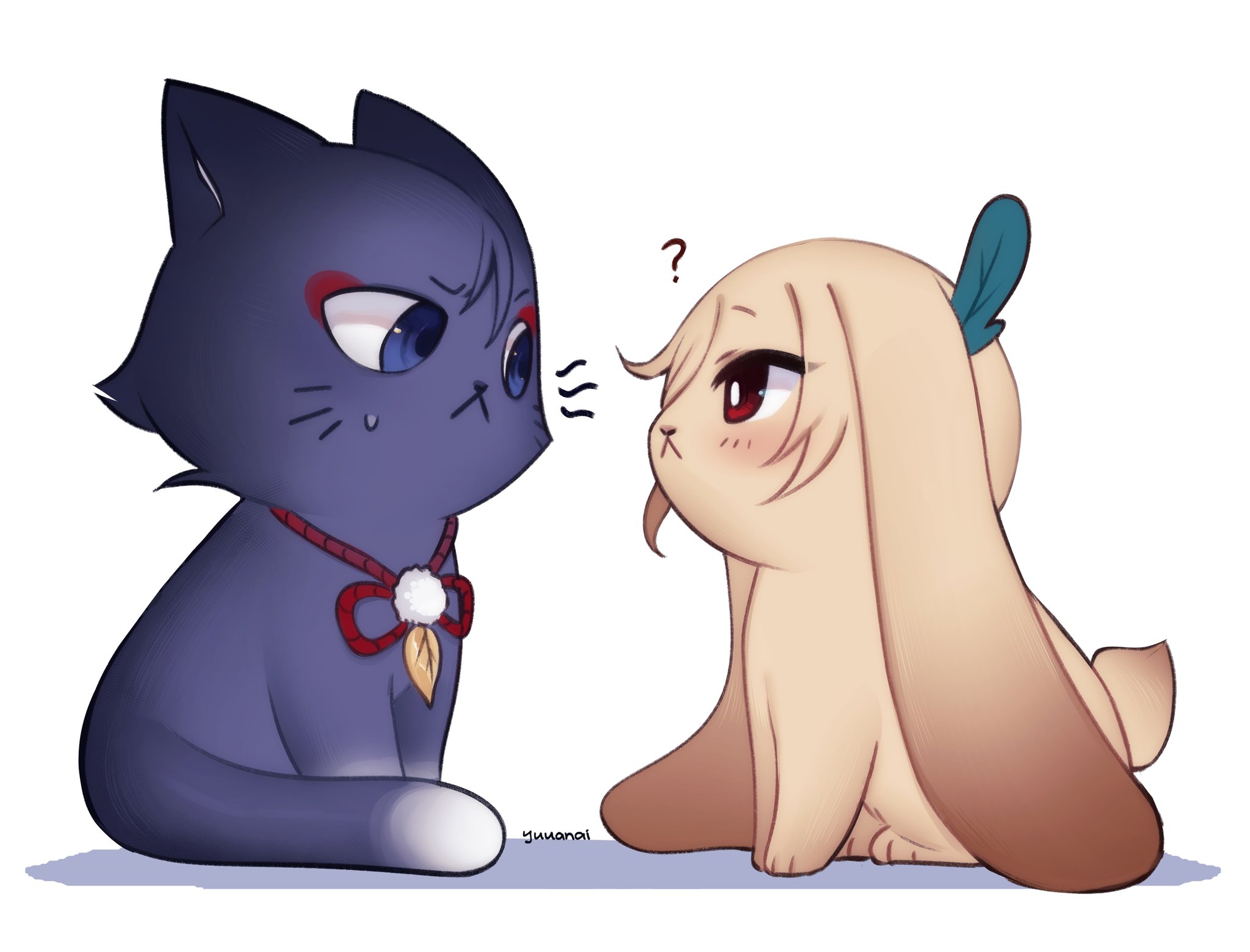 this is a digital illustration of a cute blue cat and a pink rabbit. the cat is sitting with its back to the viewer, its tail wrapped around its body. the rabbit is sitting facing the cat, with its ears perked up. the cat appears to be looking at the rabbit. the rabbit has a questioning expression, with a small question mark floating above its head. they are both standing on a white background.