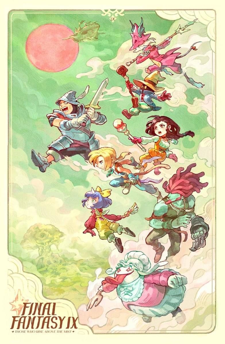 this is an illustration for the video game final fantasy ix. it depicts a group of the game's main characters flying upwards through clouds and mist. from bottom to top: quina quen, eiko carol, freya crescent, princess garnet til alexandros xvii, vivi ornitier, adelbert steiner, zidane tribal, and amarant coral. there is a large pink moon in the upper left corner. the game's logo is in the lower left corner.