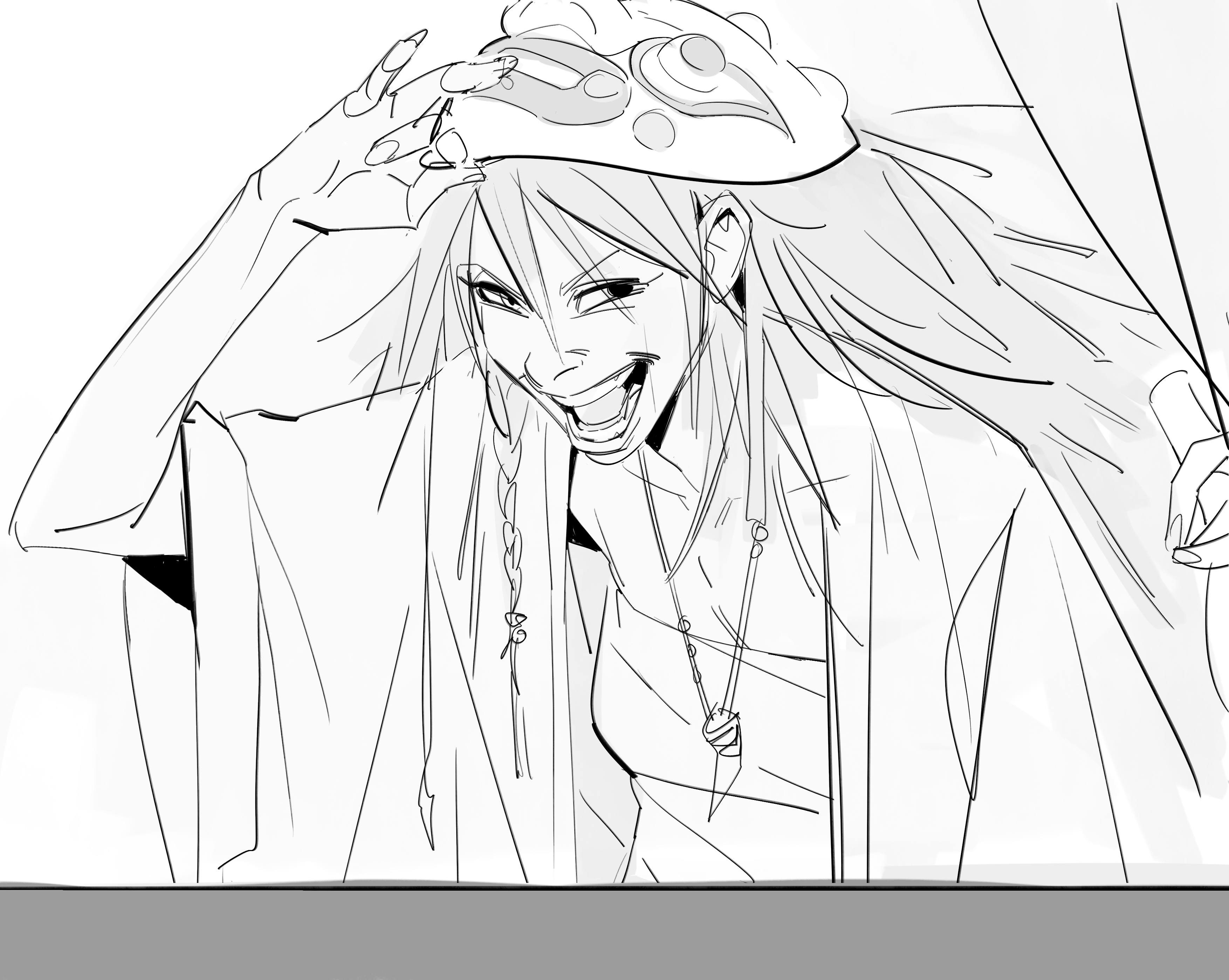 the image is a black and white sketch of an animestyle girl. she has long hair styled in two braids and is wearing a kimonolike robe and a mask on her head. she's laughing and appears to be happy. the style is expressive and dynamic, with loose lines and shading. the overall mood is lighthearted and playful. the background is simple and unfocused, drawing attention to the girl.