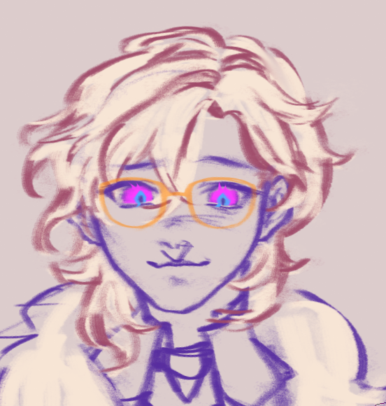 this is a digital illustration of an anime character, a young man with long blond hair and glasses with pink eyes. he's looking at the viewer with a soft smile. the illustration is done in a simple style, using soft colors and brush strokes. the character's expression is soft and thoughtful, suggesting that he is a kind and gentle person.