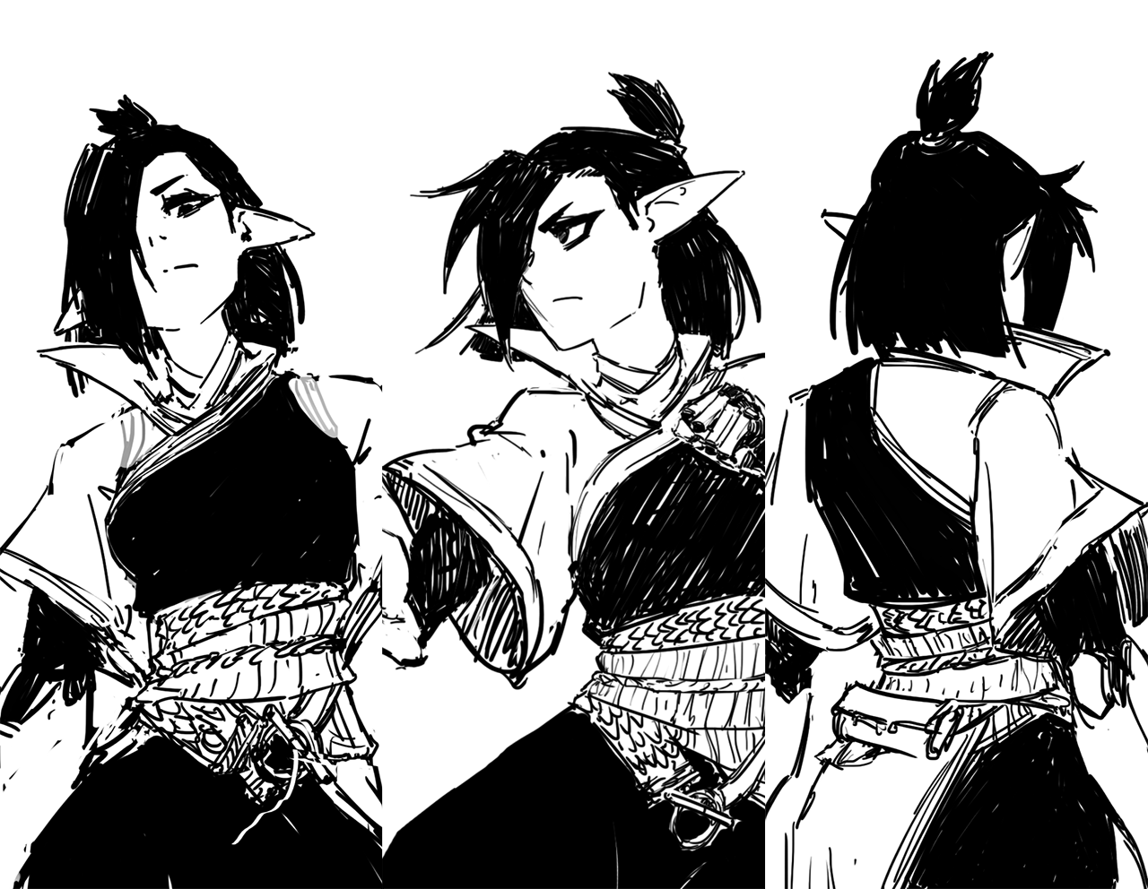 the image features a threequarter view sketch of an animestyle female elf character, with two additional views showing a side profile and back view. the character is depicted in a dark, fantasyinspired outfit consisting of a robelike top and intricately detailed belted pants. the elf has pointed ears and a serious expression.  the style is rough and dynamic, suggesting a concept art piece or character study. the use of black and white ink creates a striking contrast and emphasizes the character's strong features. the different angles offer a comprehensive view of the character's design and attire.