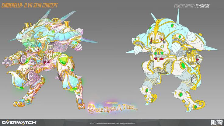 a concept art image for a cinderellathemed d.va skin for the video game overwatch. the artwork features a side view of the mech in its armored form and a rear view. the mech has been adorned with cinderellathemed details, such as a blueandwhite color scheme, carriageinspired design, and a glass slipper motif. the skin was designed by toysovore and was not released for the game.