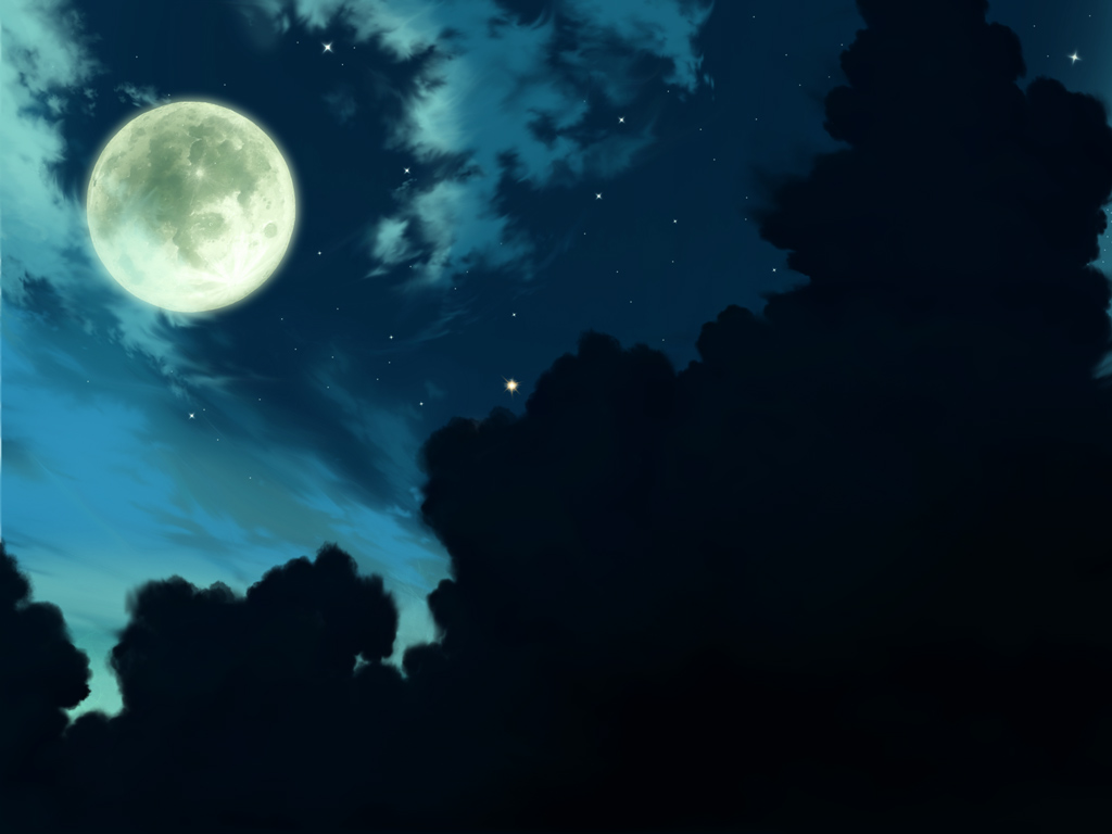 a serene night scene featuring a large, glowing moon positioned in the upper left corner, surrounded by a dark blue sky dotted with stars. wisps of lighter clouds are scattered around the moon and stars, while larger, darker cloud formations dominate the right side and lower portions of the image. the overall atmosphere is tranquil and ethereal.