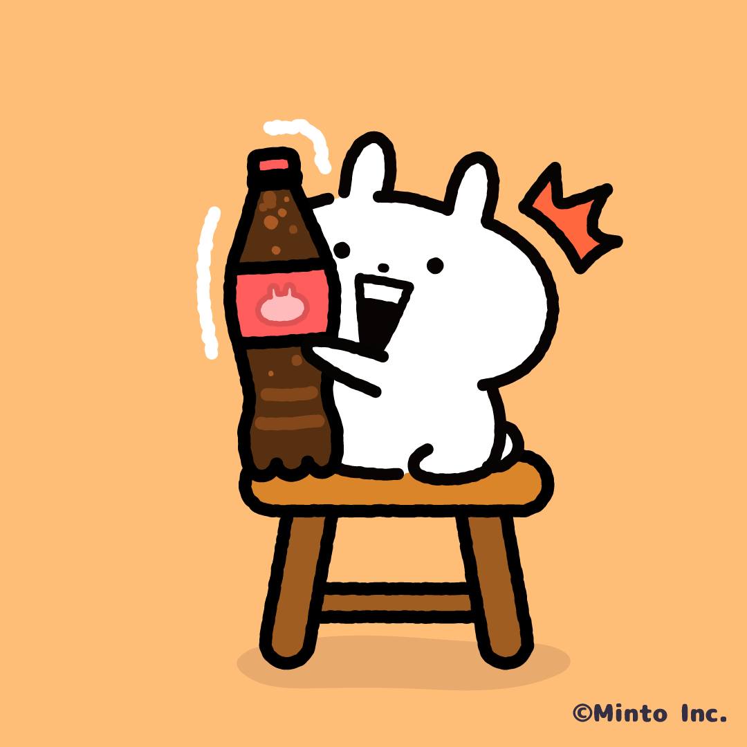a cute cartoon rabbit with a crown sitting on a stool, happily holding a bottle of brown soda. the rabbit is white with black eyes, a small nose, and a big smile. the background is orange. the image has a simple and minimalist style with a kawaii aesthetic.