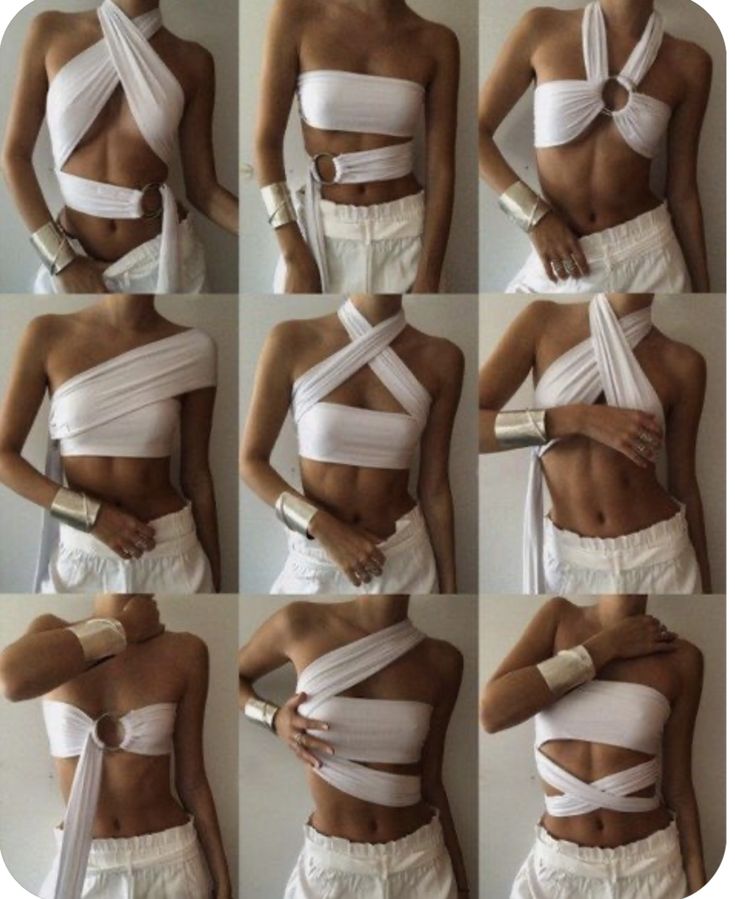 a stepbystep tutorial on how to create a stylish white wrap top using a long piece of fabric. the tutorial is shown on a female model, demonstrating the process from start to finish. the instructions involve folding, wrapping, and tying the fabric to create different looks and styles of the top, each step is clearly shown in a separate panel.  the model is wearing simple white bottoms and silver bracelets throughout the tutorial.
