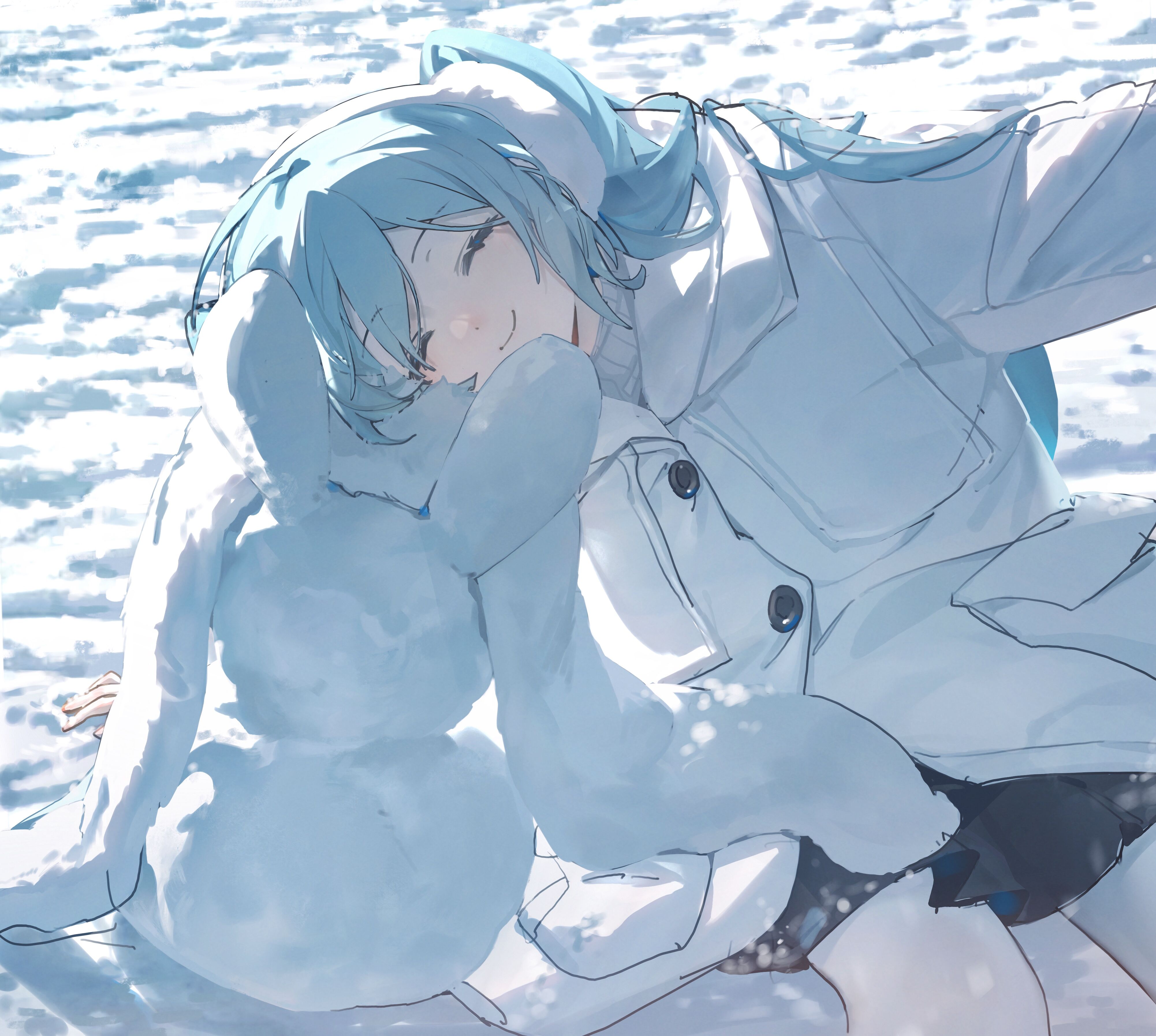 an animestyle girl with blue hair is smiling and hugging a snowman in a snowy winter setting. she's wearing a white coat.