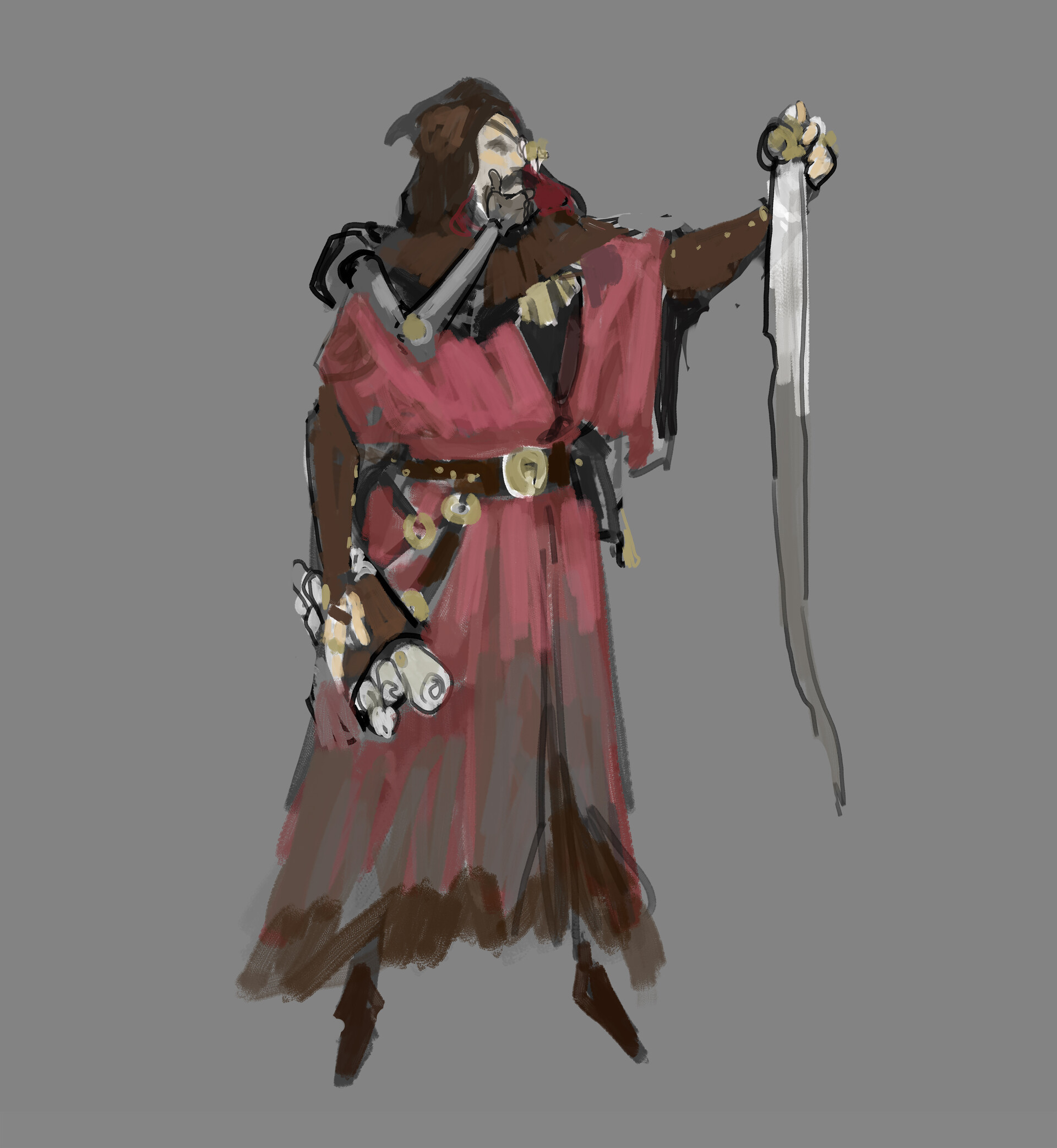 a digital painting of a male fantasy warrior character. he is wearing a red robe with a hood and is holding a sword in his right hand and a bundle of scrolls in his left hand.