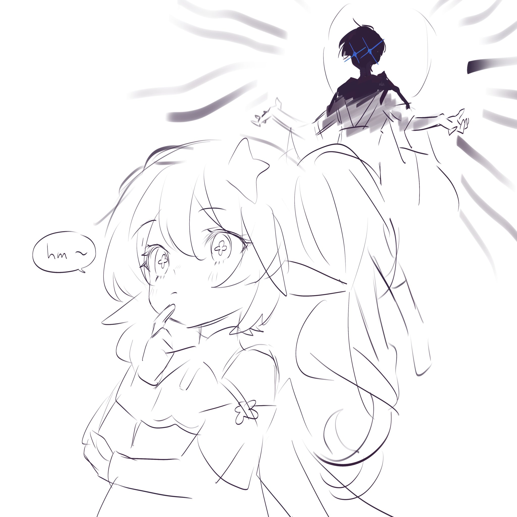 a digital drawing of a cute anime girl in a white dress with large eyes and a bow in her hair. she is looking up and to the right with a thinking expression. the background is white and there is a faded image of a figure in a robe with a halo over her head.  the caption "hm~" is by the girl's head.