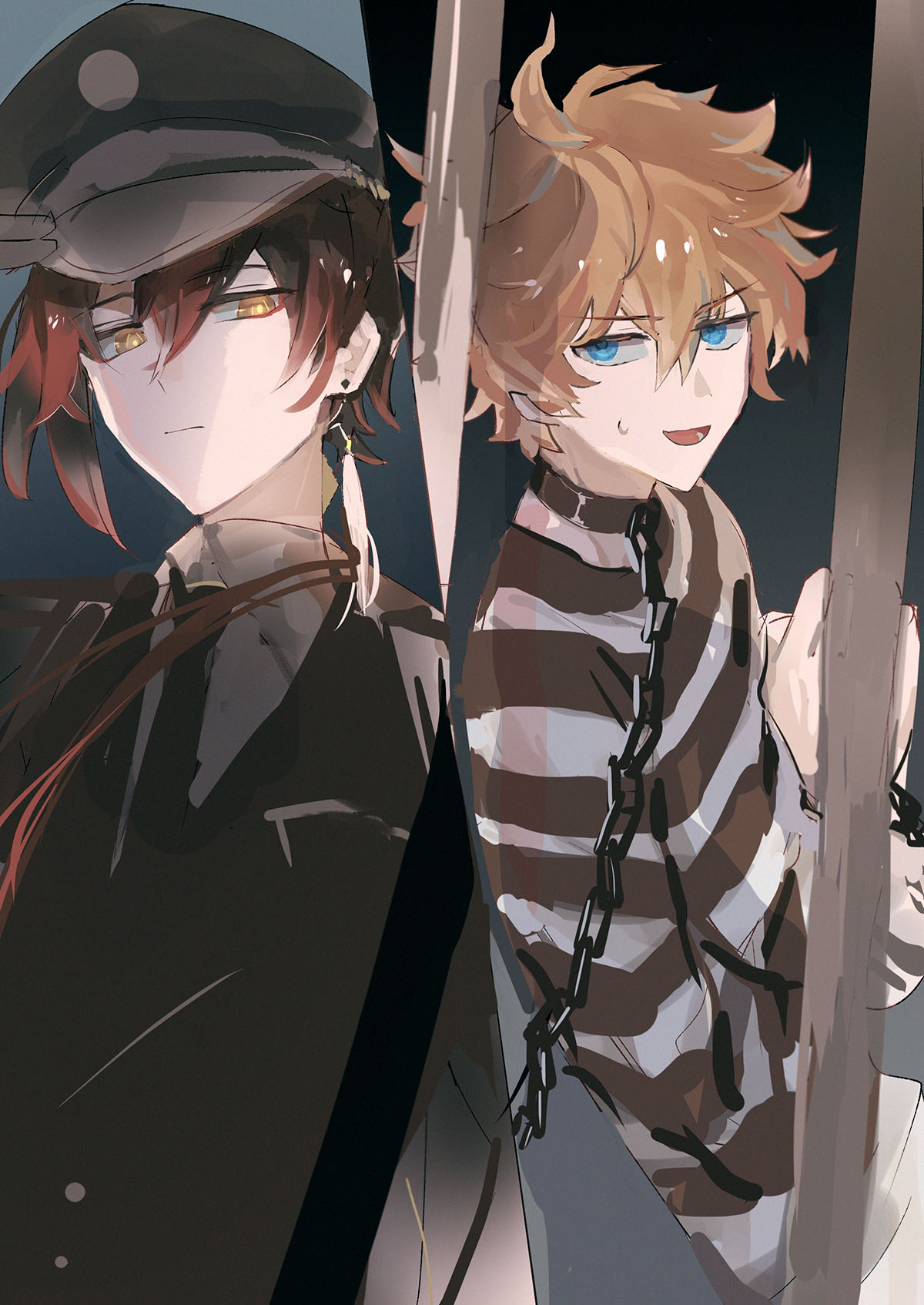 this digital art piece shows two anime boys standing next to each other. the boy on the left wears a black hat and a black suit and looks serious. the boy on the right is wearing a striped shirt with a chain wrapped around his body. he has a smile on his face. their backgrounds are dark and faded to white.