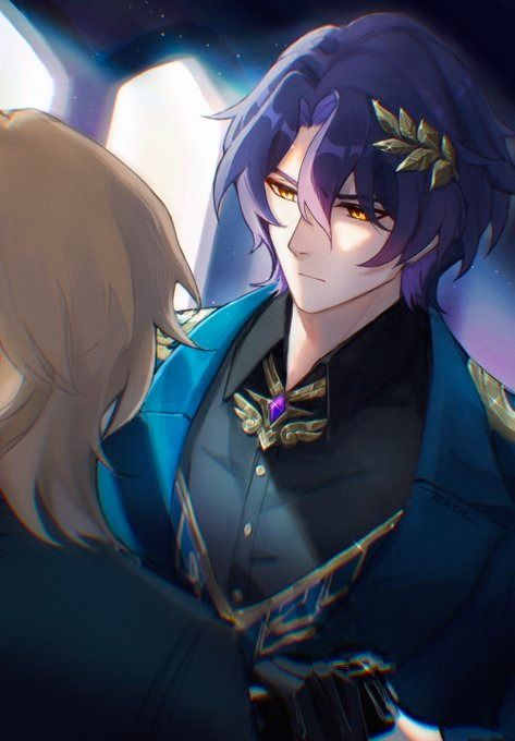 the image is a digital fanart depicting two male anime characters.  the focus is on a character with purple hair and striking golden eyes, wearing a stylish blue jacket adorned with gold detailing and a prominent jeweled necklace.  he appears to be looking intensely at another character with light brown hair, whose face is mostly obscured.  the style is highly stylized and reminiscent of anime, possibly fanart from the game genshin impact, given the character designs. the background is dark and atmospheric, creating a mood of intimacy and possibly romance. the overall tone is romantic and dramatic.