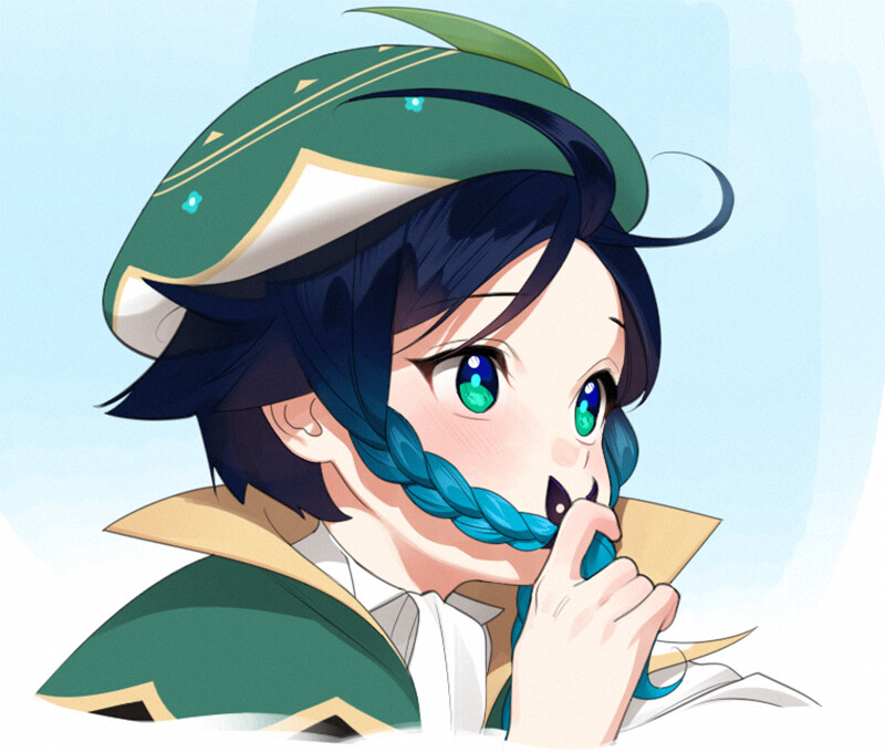 closeup of an animestyle illustration of venti from genshin impact. he is shown with his signature braid, which he holds playfully in his hand. venti is wearing his traditional green outfit and hat, and his expression is happy and carefree. the background is a light blue.