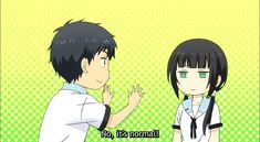 a screenshot from an anime featuring a male character with short, dark hair and a female character with black hair and a blank expression. the background is a bright green. the characters appear to be in a chibi art style, with large heads and exaggerated features. the male character is shown speaking, with the phrase "no, it's normal" visible in english text.