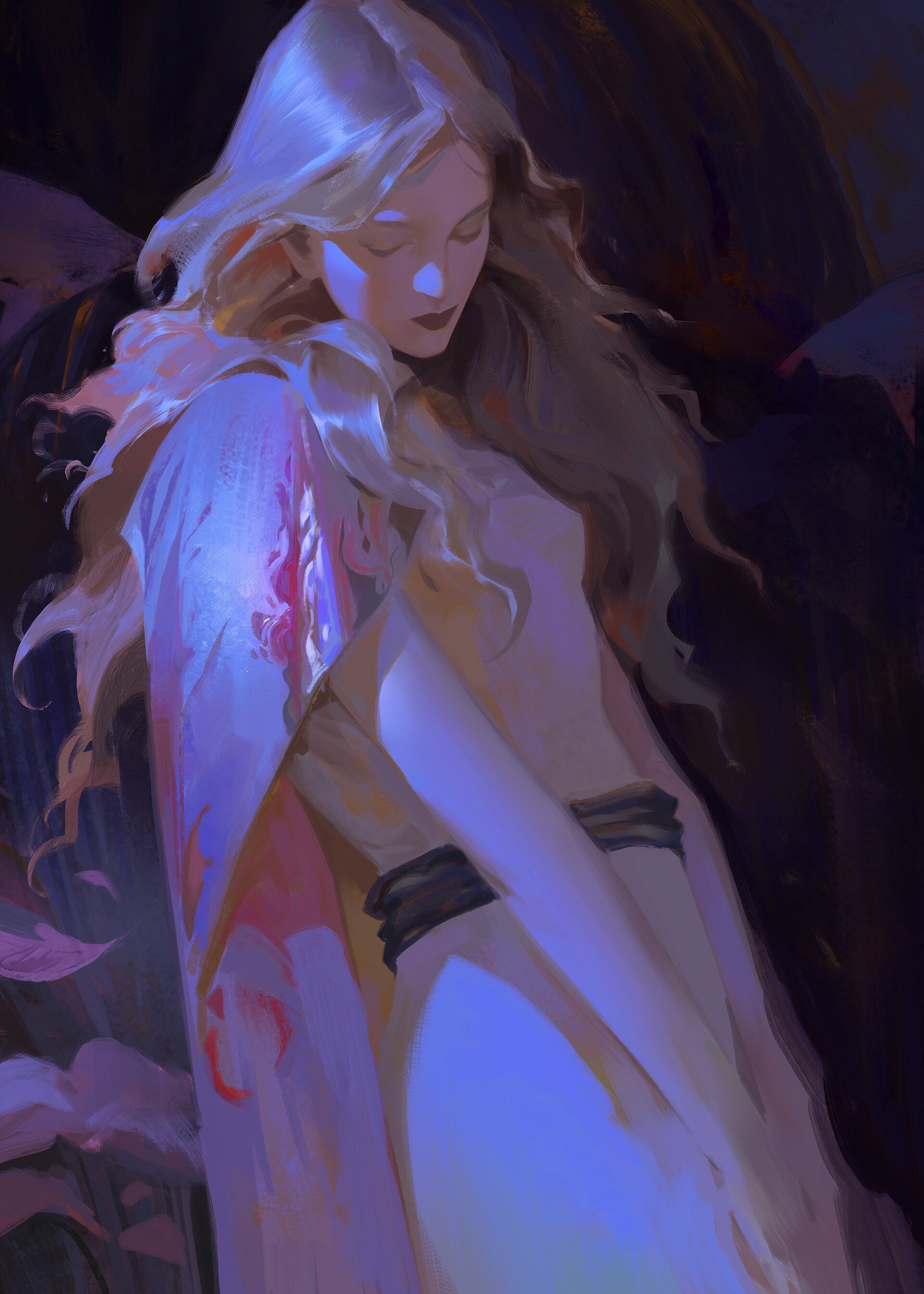 this is a digital painting depicting a woman with long blonde hair wearing a flowing purple and pink cloak. she is dressed in a white gown and has a blue light shining on her, creating a mysterious and dreamy atmosphere. the woman's face is partially obscured by her hair, adding to the sense of mystery. the background is dark and shadowy, further emphasizing the ethereal nature of the subject.