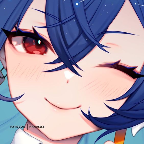 a digitally drawn, closeup portrait of an anime girl with vibrant blue hair and striking red eyes. she is winking with a playful smile, her cheeks flushed with a light pink blush. the art style leans towards a cute and expressive aesthetic, with soft lighting emphasizing her features.