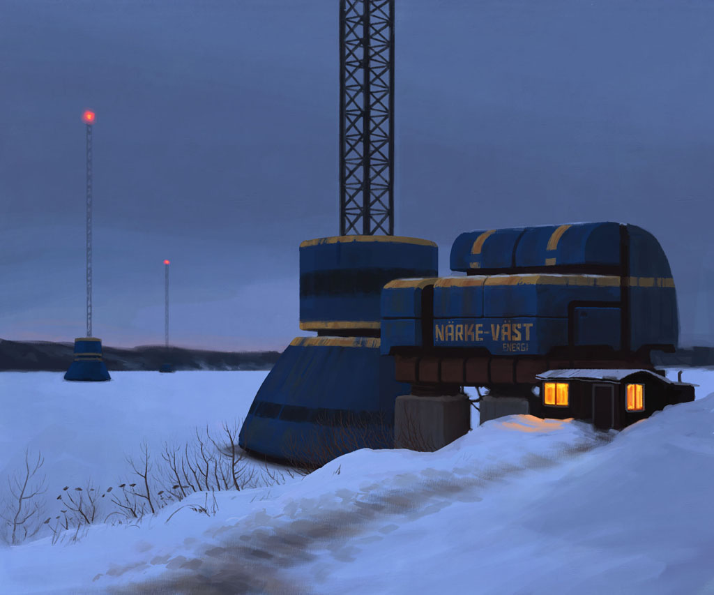 a wide shot of a futuristic industrial complex covered in snow. the building is a dark blue with yellow stripes and has "narkevast energy" printed on the side. there is a small cabin underneath the structure with lit windows, while the rest of the scene is dark and snowy. the building stands on stilts above a frozen lake in the distance, and there are three tall antenna towers in the background. the snow covers the ground and is piled high around the structure. the sky is a dark blue, suggesting it is dusk or evening.