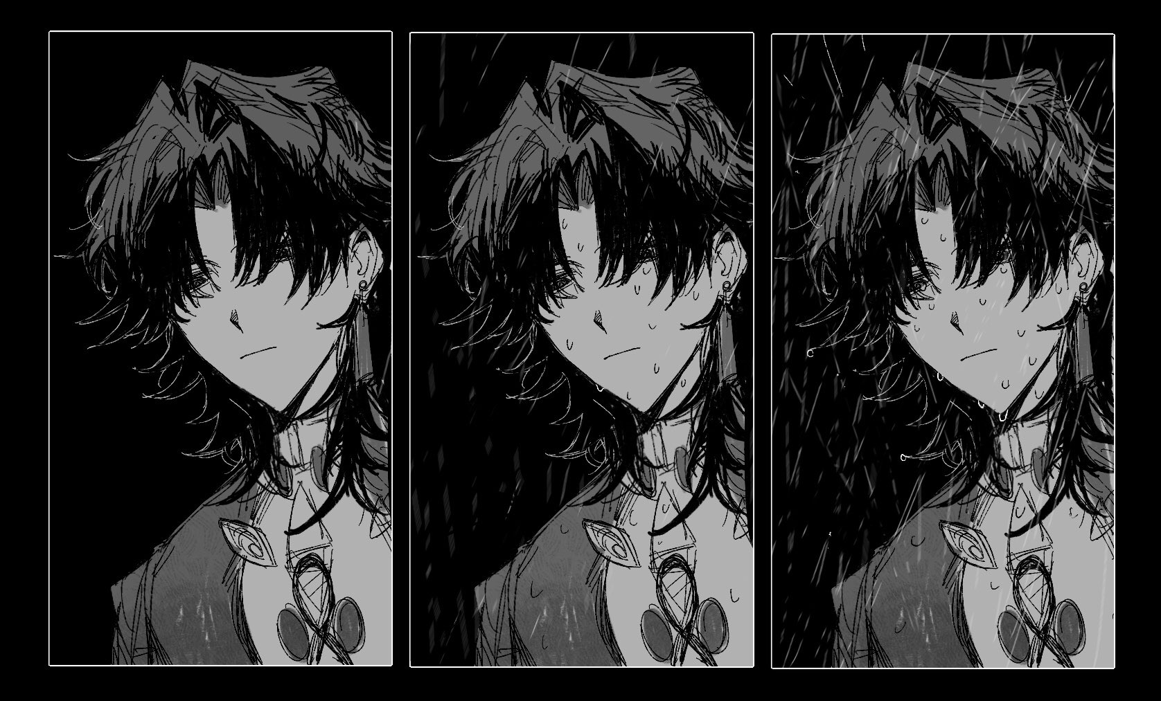 this is a black and white image of an anime boy with wet hair, looking sad and defeated. the image is divided into three panels with the boy in each one.  the boy has long black hair with a few strands falling over his forehead. he is wearing a black buttondown shirt and a chain necklace with a pendant. the background is mostly dark, suggesting rain and a gloomy atmosphere. the image looks like a page from a manga or anime.